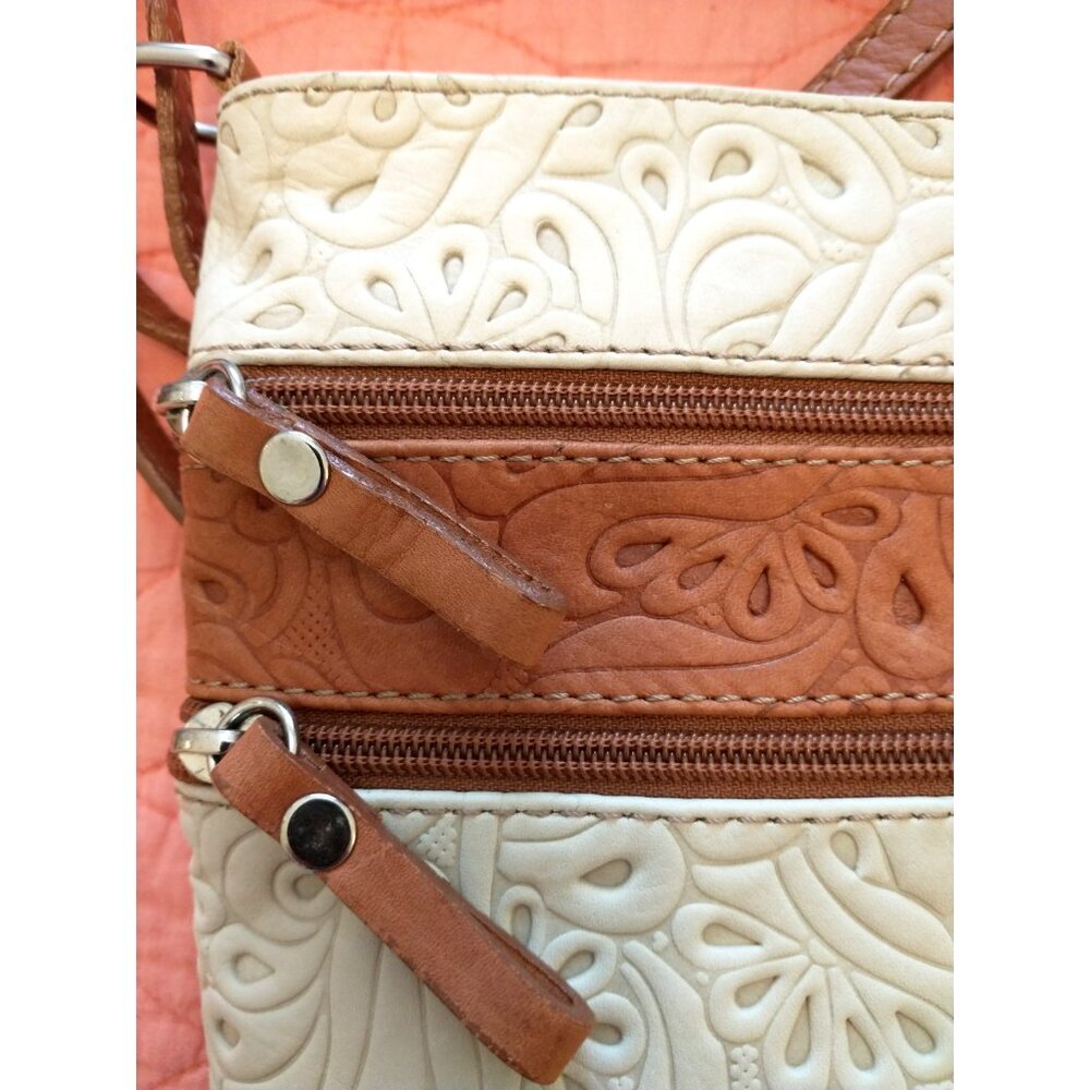 Zagara Women's Crossbody Shoulder Bag Tooled Leather Italy Ivory & Tan 8.5x9.5 - Picture 3 of 10
